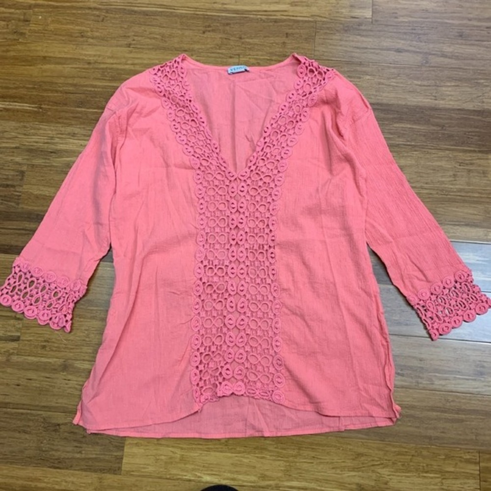 Venus Crochet Trim‎ Cover Up Womens Size Large Pink Tunic Top 3/4 Sleeve Blouse
